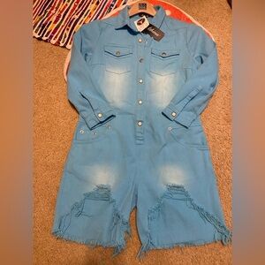 Blue Distressed Denim Jumpsuit